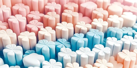 Obraz premium Pastel Flower Marshmallows: A delightful close-up shot of pastel-colored marshmallows shaped like flowers, arranged in a repeating pattern creating a visually appealing and sweet texture.&nbsp;