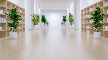 Fototapeta premium Modern library corridor, bright interior, plants, bookshelves, peaceful atmosphere; ideal for education or corporate design