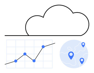 Cloud outline with rising line graph on a grid alongside a globe with pinned locations. Ideal for technology, analytics, global business, data science, cloud computing, innovation, abstract line flat