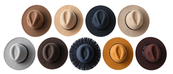 Collection set of hats and caps isolated on transparent or white background, png