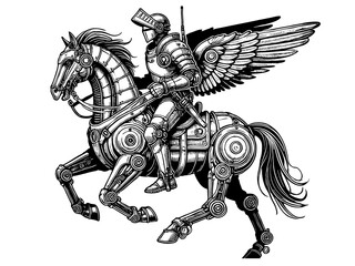 Cyberpunk knight in full armor riding a galloping armored horse, with a flowing cape and lance sketch engraving generative ai PNG illustration. Scratch board imitation. Black and white image.