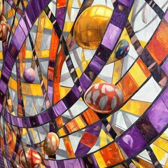 Fototapeta premium Abstract Tapestry of Color and Form: A vibrant, abstract artwork featuring swirling ribbons of purple, orange, and gold, interspersed with spherical forms. The painting evokes a sense of movement.