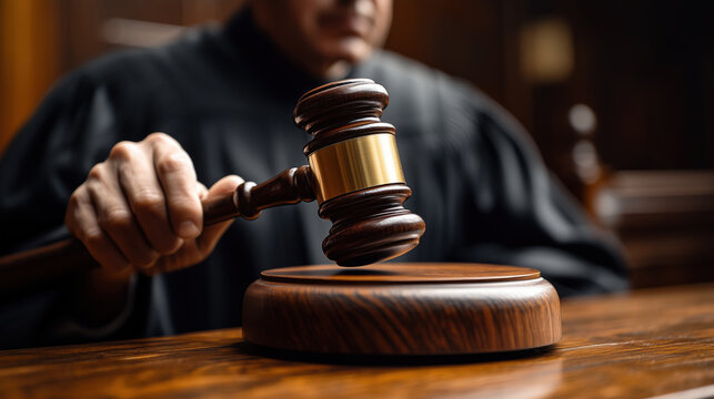 Judge holding gavel in courtroom setting