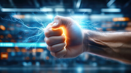 Hand holding glowing energy and lightning in server room
