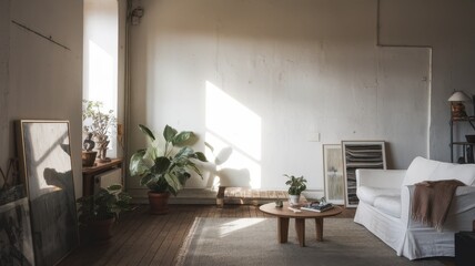 A serene living room featuring a modern white sofa, plants, and artwork, creating a calm and inviting atmosphere.
