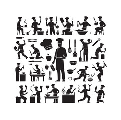 Chef in various actions silhouette vector illustration
