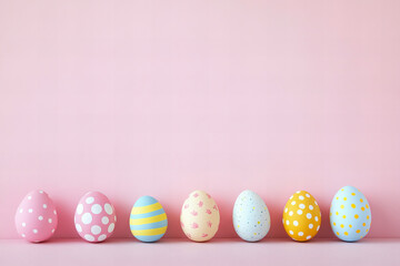 Fototapeta premium Vibrant Pastel Easter Eggs Arrangement on Pink Background for Seasonal Festivities and Creative Holiday Designs