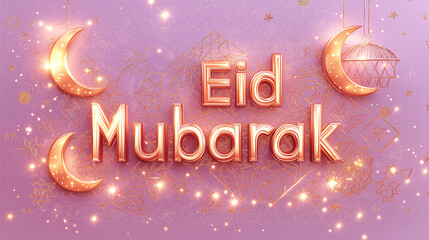 Fototapeta premium Stunning 3D Eid Mubarak text with golden shiny crescents on pink gradient background.