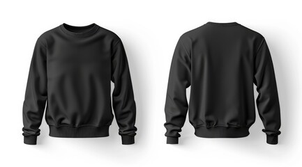 Front and back view of black sweatshirt with long sleeves, blank apparel template for fashion design mockups, displayed on invisible mannequin, isolated on white background