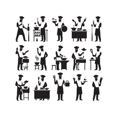 Chef in various actions silhouette vector illustration
