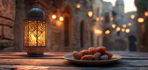 Traditional lantern illuminating a plate of dates on a rustic wooden table in a beautifully lit historical alleyway at dusk with soft glowing lights