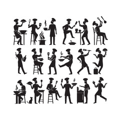 Chef in various actions silhouette vector illustration