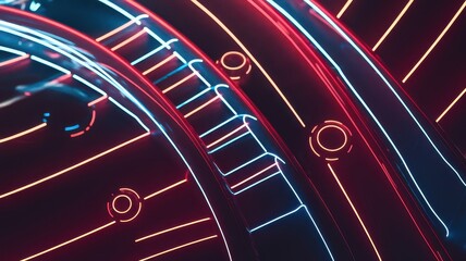 Abstract close-up of vibrant neon lights in blue and red, creating dynamic patterns on a sleek surface, evoking a sense of energy and modernity.