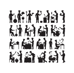 Chef in various actions silhouette vector illustration