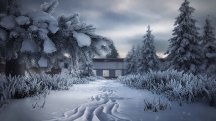 Naklejka premium A serene winter scene featuring a snowy pathway leading to a cozy, rustic cabin, surrounded by tall evergreen trees and a gentle snowfall.