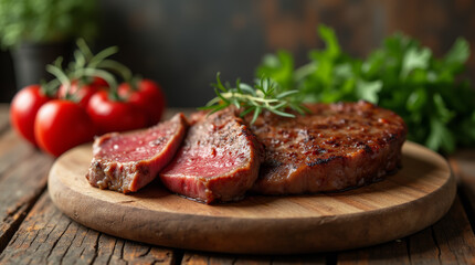 Juicy Grilled Steak with Rosemary and Fresh Tomatoes on a Rustic Wooden Table