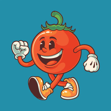 tomato groovy cartoon character mascot illustration