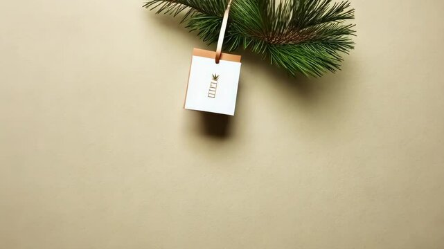 Pine branch with gift tag on beige background in rotating motion