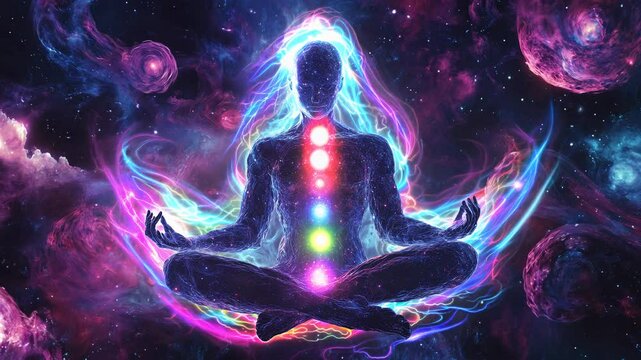 Cosmic meditation scene, vibrant purple and blue nebula, glowing chakra points, spiritual energy, digital art, dark background