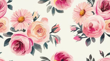A beautiful floral pattern featuring soft pink roses, daisies, and delicate leaves on a light background, evoking a sense of tranquility and elegance.