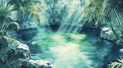 A gentle watercolor stream winding through painted sunlit woodlands in autumn