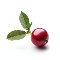 Single Red Cranberry with Green Leaves on White Background