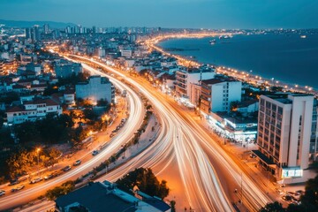 Obraz premium Coastal City Highway Night Lightscape Traffic Flow