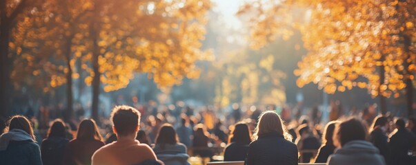 Large group of people attending an event in a park on a sunny autumn day
