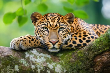 Fototapeta premium Leopard Resting On Moss Covered Branch In Jungle
