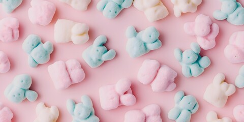 Pastel Bear Pattern: A playful and whimsical pattern of pastel-colored bear-shaped candies arranged in a repeating pattern, creating a sweet and charming background.