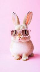 Fototapeta premium Funny cute rabbit, easter bunny wearing trendy sunglasses. Pastel pink background. Beautiful design for easter greeting card, invitation card. Copy space available. Easter theme.
