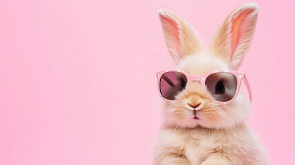Obraz premium Funny cute rabbit, easter bunny wearing trendy sunglasses. Pastel pink background. Beautiful design for easter greeting card, invitation card. Copy space available. Easter theme.