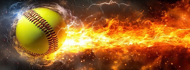 Featuring a magical leather baseball amidst a colorful explosion of fire and energy, this sports performance-themed design includes a banner with copy space, made using resources