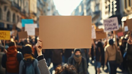 Young activist is holding a blank sign in a crowd of protestors