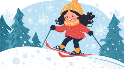 Cheerful young girl enjoying a fun skiing adventure in a snowy landscape with pine trees and falling snowflakes