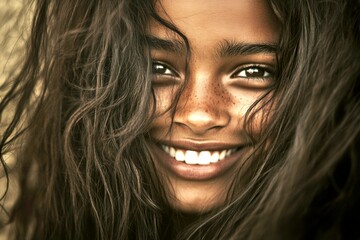 Long coiffure - beach waves hair. Pretty smiling mixed-race girl - for ads, ad page and web use. Commercial ad campaign idea. African american models. African elegance trends inspiration.