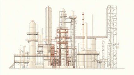 Obraz premium Detailed illustration of an oil refinery complex, showcasing various towers, pipes, and structures.