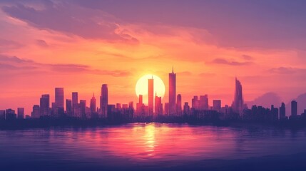 Obraz premium Vibrant Sunrise Illuminating City Skyline with Tranquil Waters and Clear Space for Text or Branding