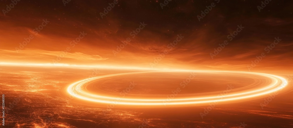 Poster futuristic glowing orange circular lines in cosmic space with ample empty space for text or graphics