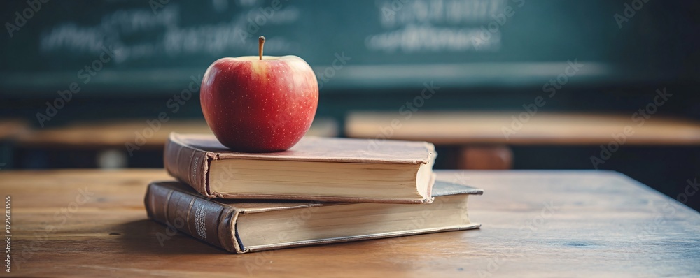 Poster red apple placed on a pile of books on a desk in a classroom