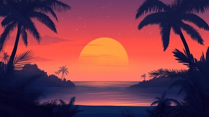 Tropical sunset beach scene with serene ocean view and palm trees ideal for text overlay and vacation themed designs