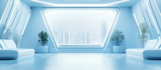 Futuristic Office Interior Design with Minimalist Elements and Expansive Windows for Creative Workspace Concept