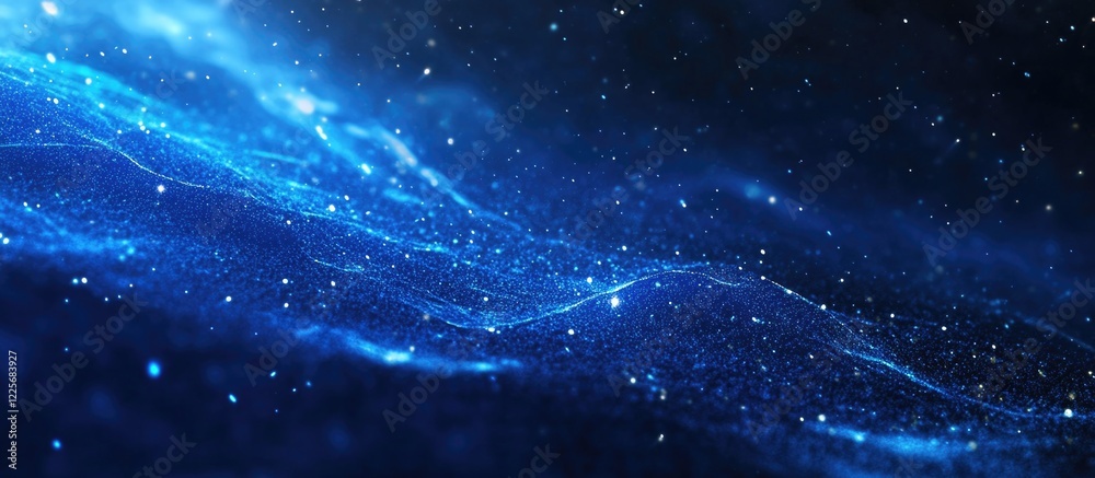 Poster Abstract Blue Light Streaks with Waves and Sparkle Effects Creating a Dynamic Background with Space for Text or Graphics