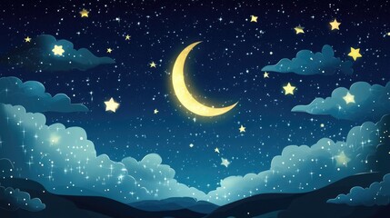 Enchanting Night Sky with Crescent Moon and Stars Ideal for Text Overlay and Creative Designs