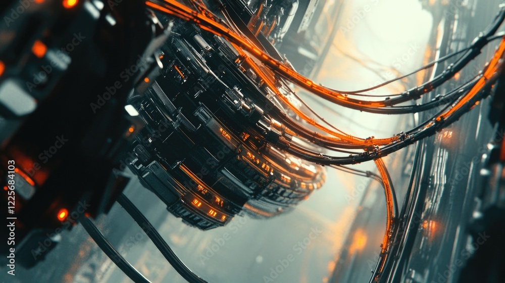 Poster futuristic engineering technology with interconnected circuits and glowing elements in a high-tech e