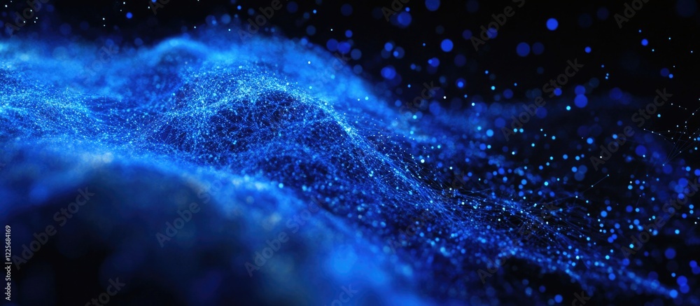 Poster Abstract blue wave lines and glowing particles in a digital technology background with space for text and data network connection concept