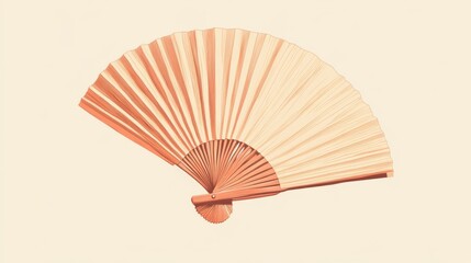 Handheld light peach-colored paper fan isolated on beige background.