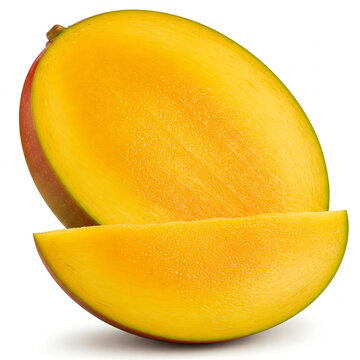 Aufgeschnittene reife Mango vor wei&szlig;em Hintergrund