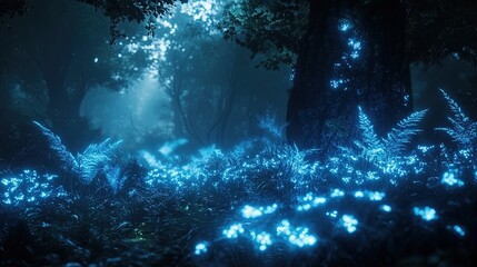 A dark enchanted forest with luminescent plants and glowing creatures, creating an atmosphere of mystery and intrigue 