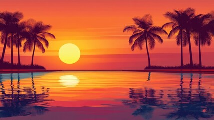 Vibrant Sunset Over Tranquil Swimming Pool Surrounded by Palm Trees and Colorful Reflections Ideal for Relaxation-Themed Text or Promotions